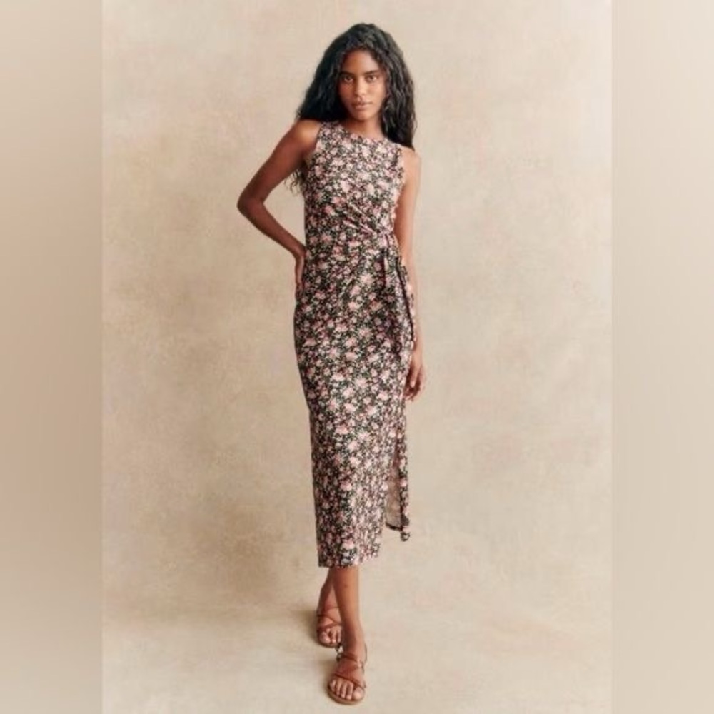 Sezane Floral Midi Dress - Black and Pink